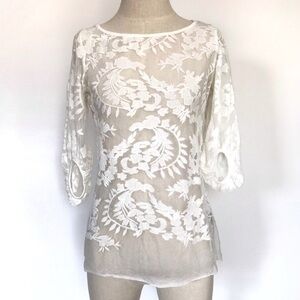 Joan Vass Off White Lace Sheer Top Size Small